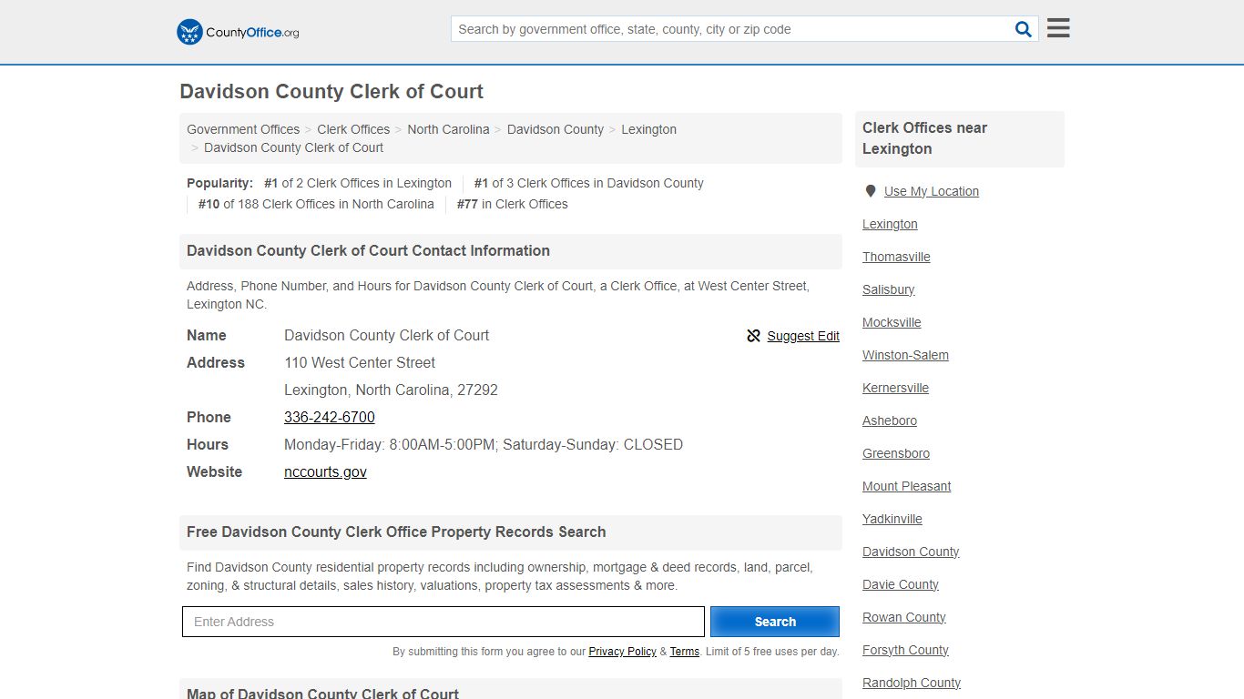Davidson County Clerk of Court - Lexington, NC (Address ... - County Office